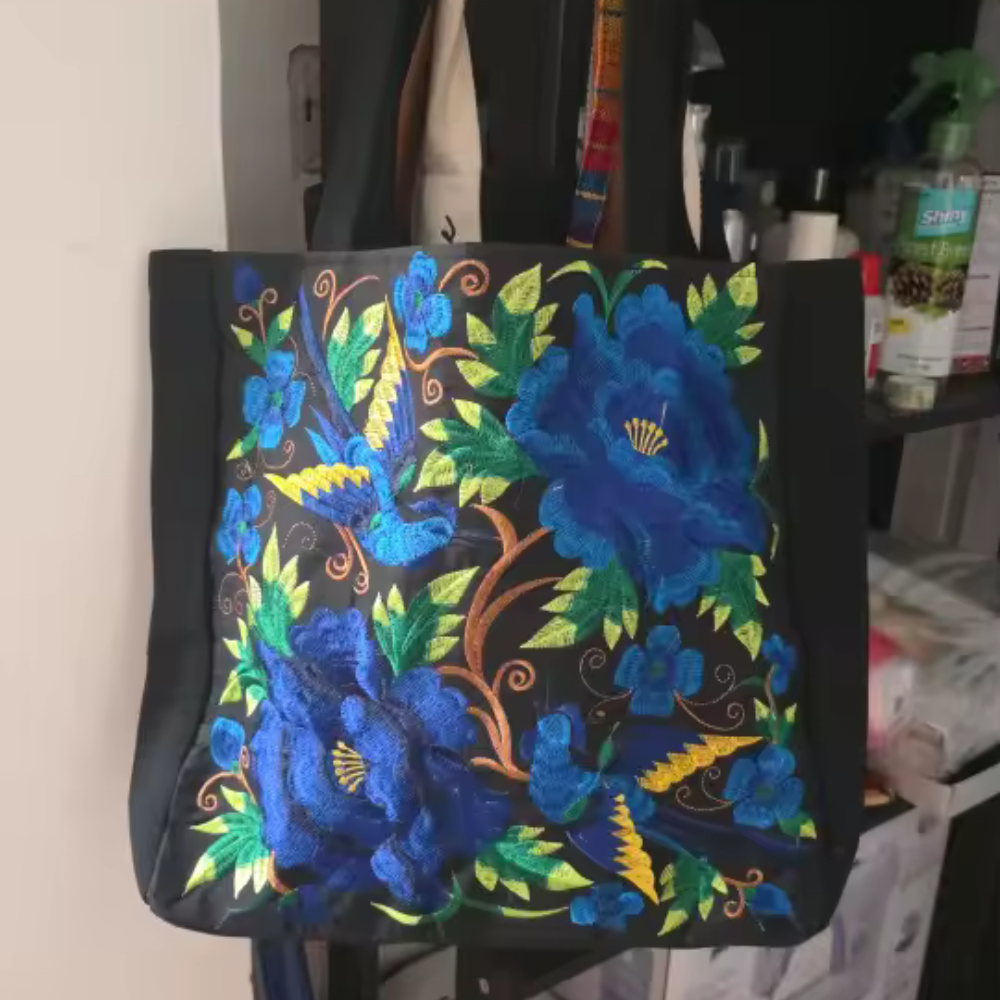 Blue Floral Embroidered Tote Bag