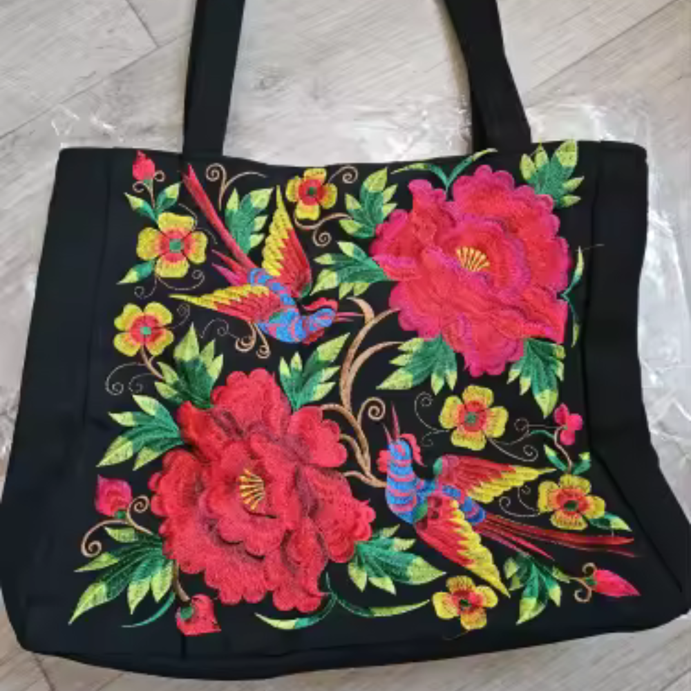 Red Floral Embroidered Tote Bag